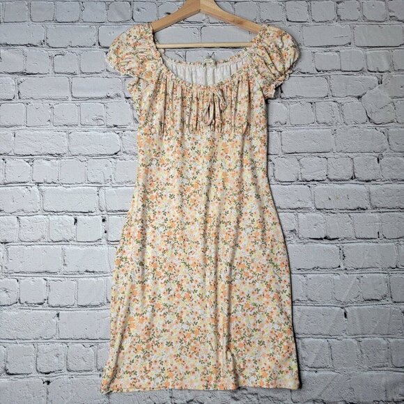 No Comment Peach Orange Small Floral Flower Print Peasant Bust Sleeve Dress Sz L - Picture 1 of 11